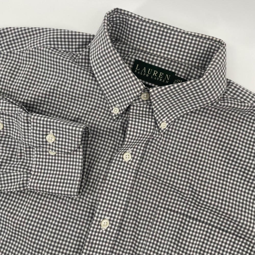 Lauren Ralph Lauren Shirt Mens 15.5 32/33 Grey Gingham Slim Fit Non Iron Cotton